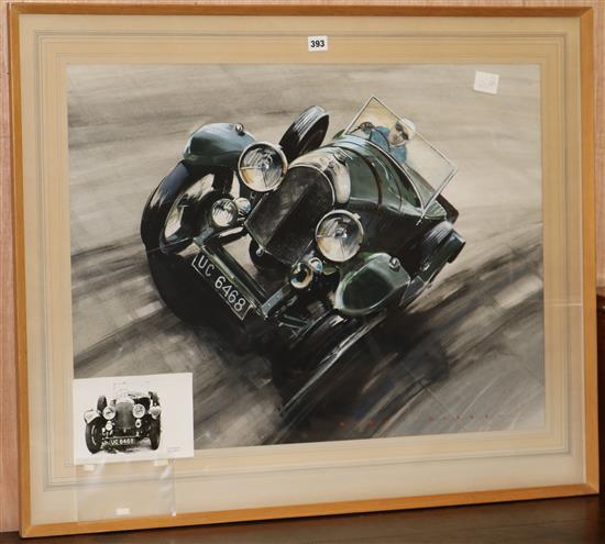 Dion Pears, gouache, 1928, 3-litre Bentley, Le Mans, 58 x 76cm